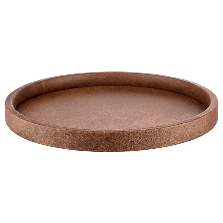 Walnut | Sleek Core 12" round leatherette tray, designed for stylish serving in hotels and upscale dining environments.