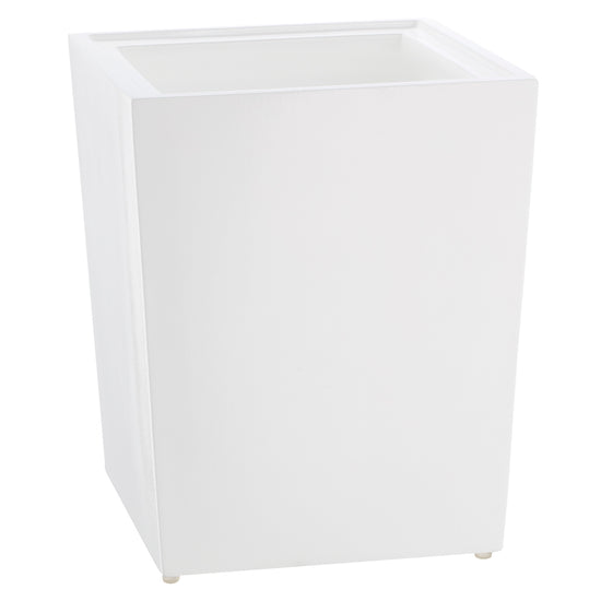 White | Brilliance 8qt wastebasket featuring a clear design that blends seamlessly into hotel guestroom.