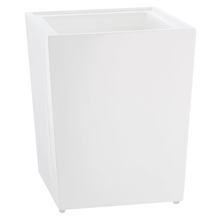 White | Brilliance 8qt wastebasket featuring a clear design that blends seamlessly into hotel guestroom.