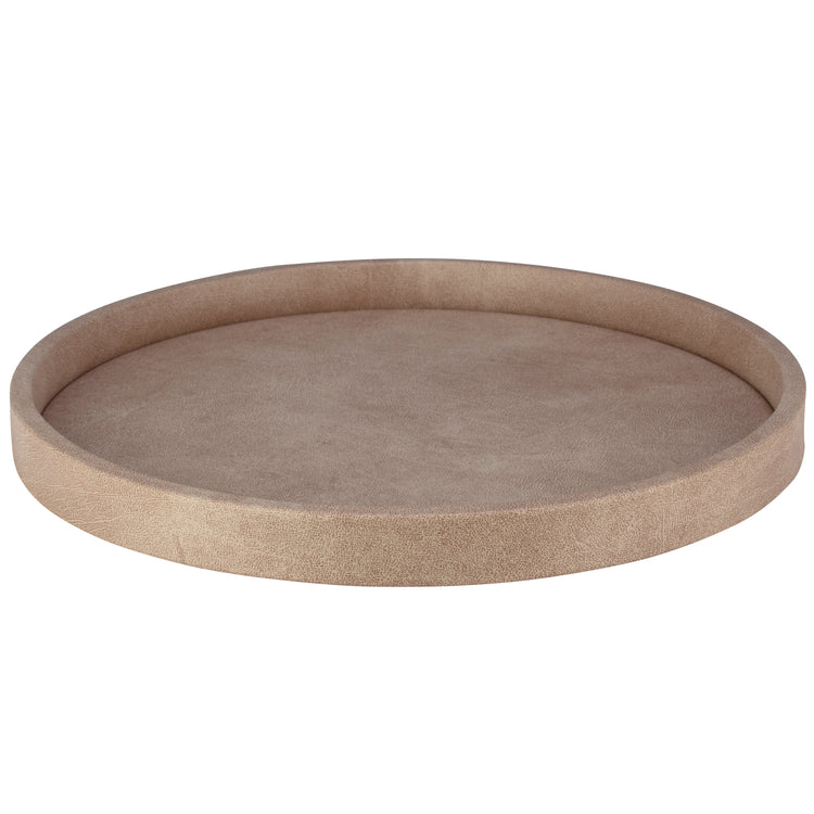 Taupe | Sleek 12" round leatherette tray, perfect for enhancing guestroom aesthetics with its contemporary style.