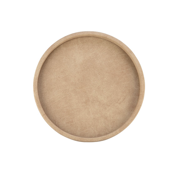 Taupe | Elegant 12" round leatherette tray, perfect for serving or organizing essentials in guestroom settings.