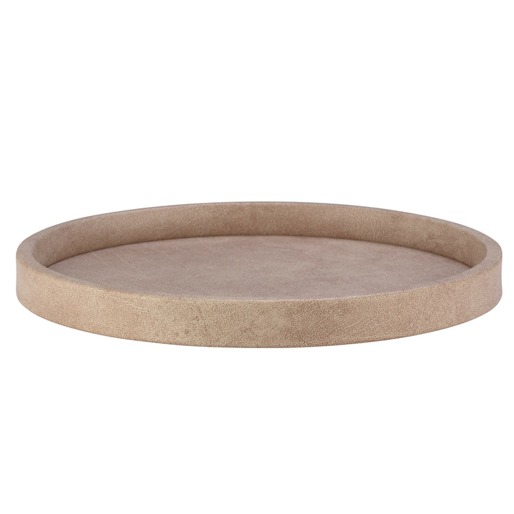 Taupe | Core 12" Round Leatherette Tray, designed for a sleek and modern look in hospitality environments.