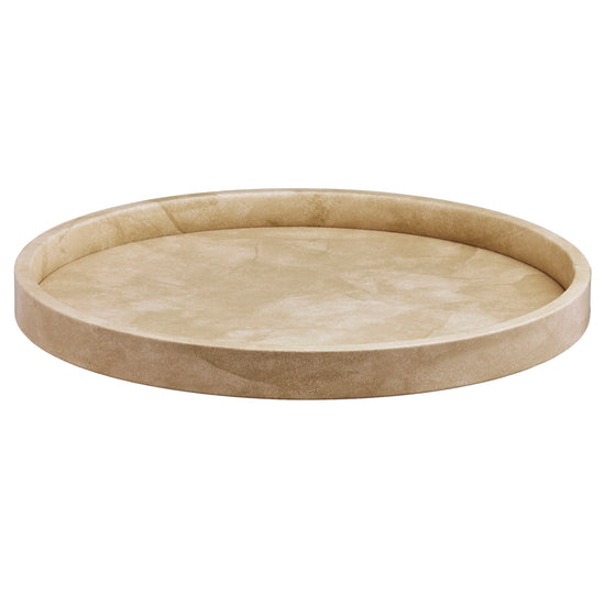 Doeskin | Chic 14" round leatherette tray from the Core collection, perfect for showcasing beverages and snacks in luxury settings.