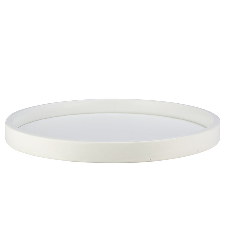 French White | Core 14" Round Leatherette Tray, offering a sleek and sophisticated design for upscale hospitality settings.