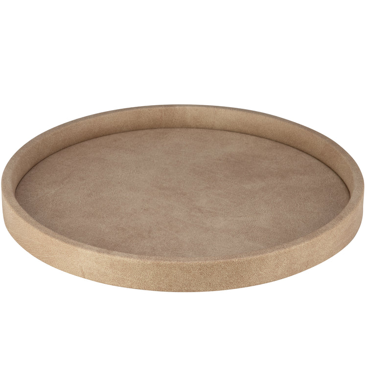 Taupe | Elegant 14" round leatherette tray, perfect for serving or organizing essentials in a modern guestroom.