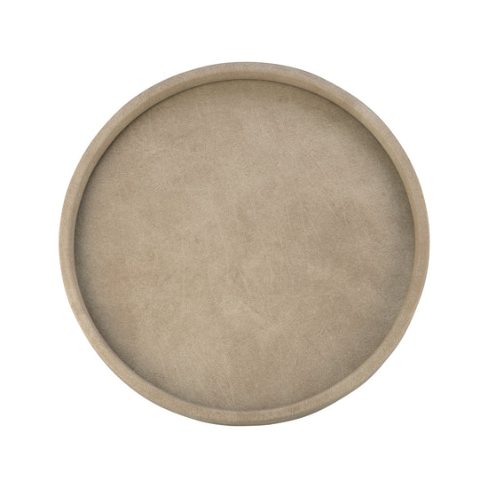 Taupe | Sleek 14" round leatherette tray, designed to complement upscale interiors with its contemporary look and practical use.