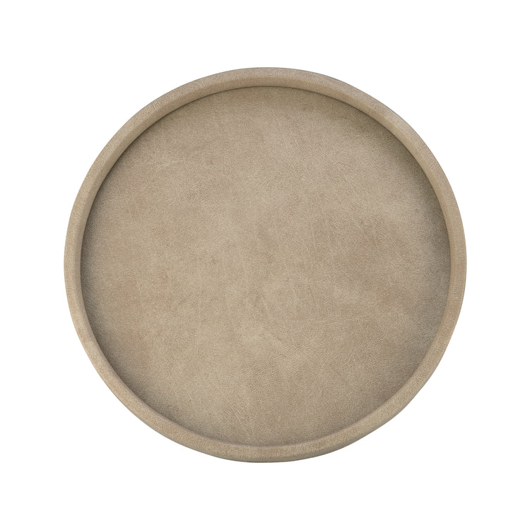 Taupe | Sleek 14" round leatherette tray, designed to complement upscale interiors with its contemporary look and practical use.