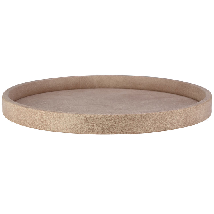 Taupe | Core 14" Round Leatherette Tray, combining durability and style for a polished, functional hospitality accessory.