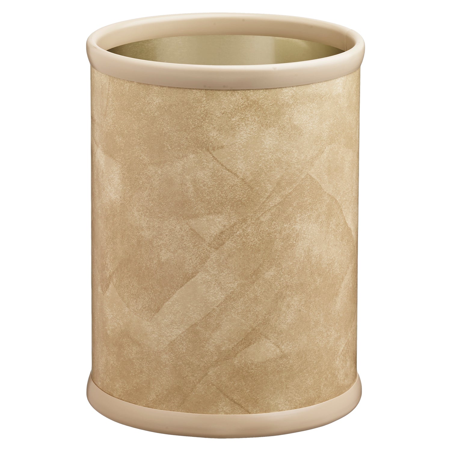 Doeskin | Image of the Core 8qt Round Leatherette Wastebasket with beige bases for hotel bathrooms.