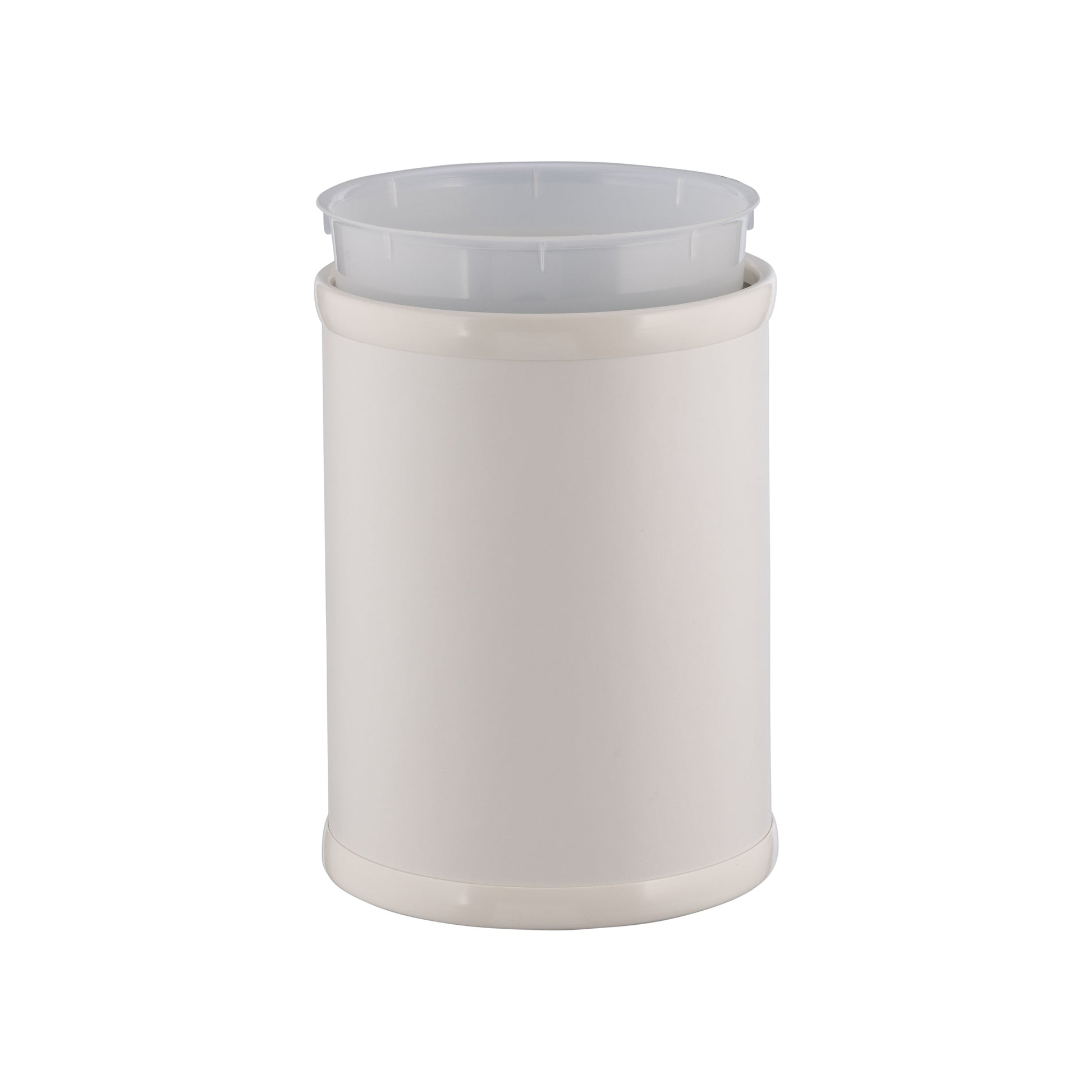 French White | Stylish Core 8qt Round Leatherette Wastebasket, perfect for enhancing upscale hotel or guestroom decor.