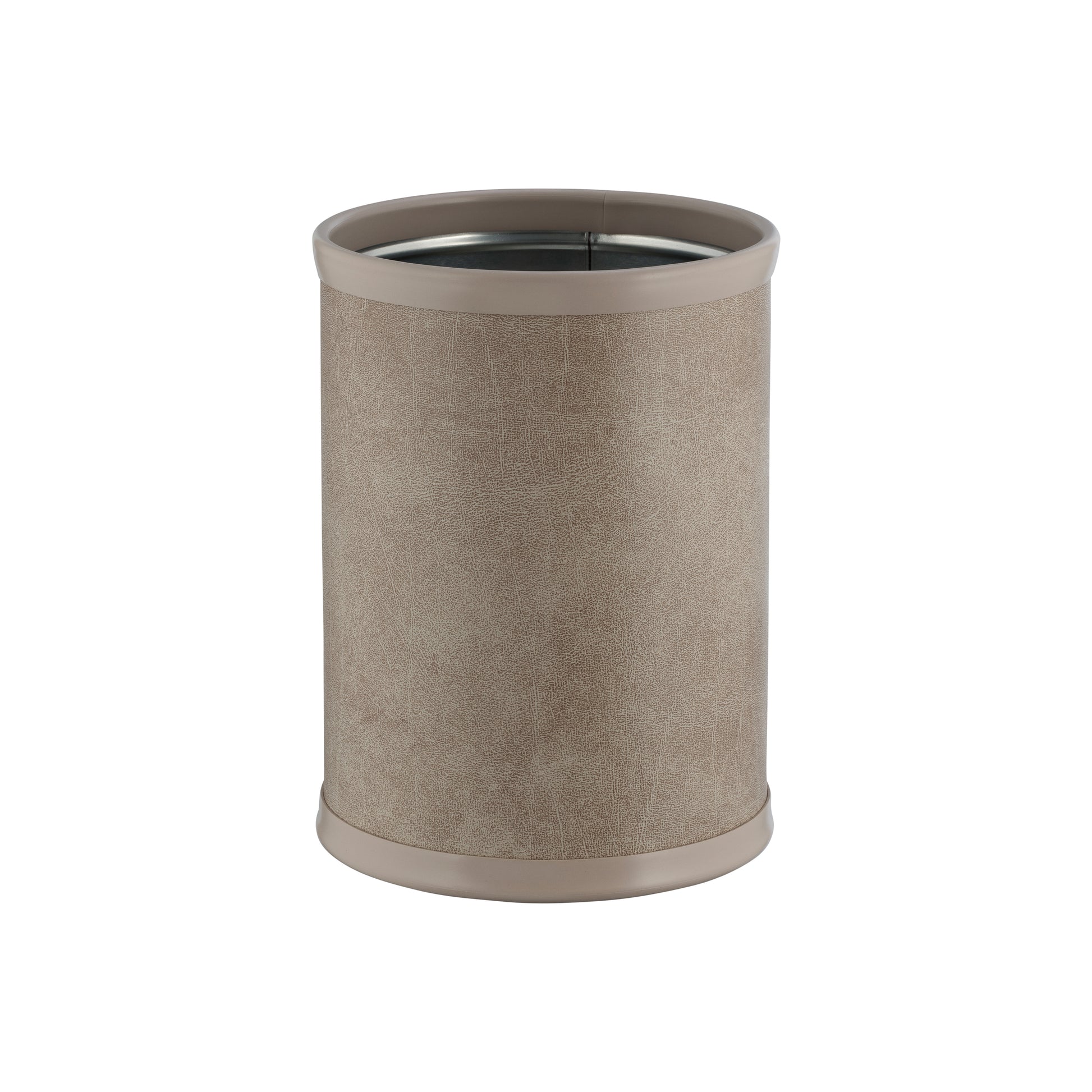 Taupe | Core 8qt Round Leatherette Wastebasket, crafted with durable leatherette material for a luxurious and practical solution.