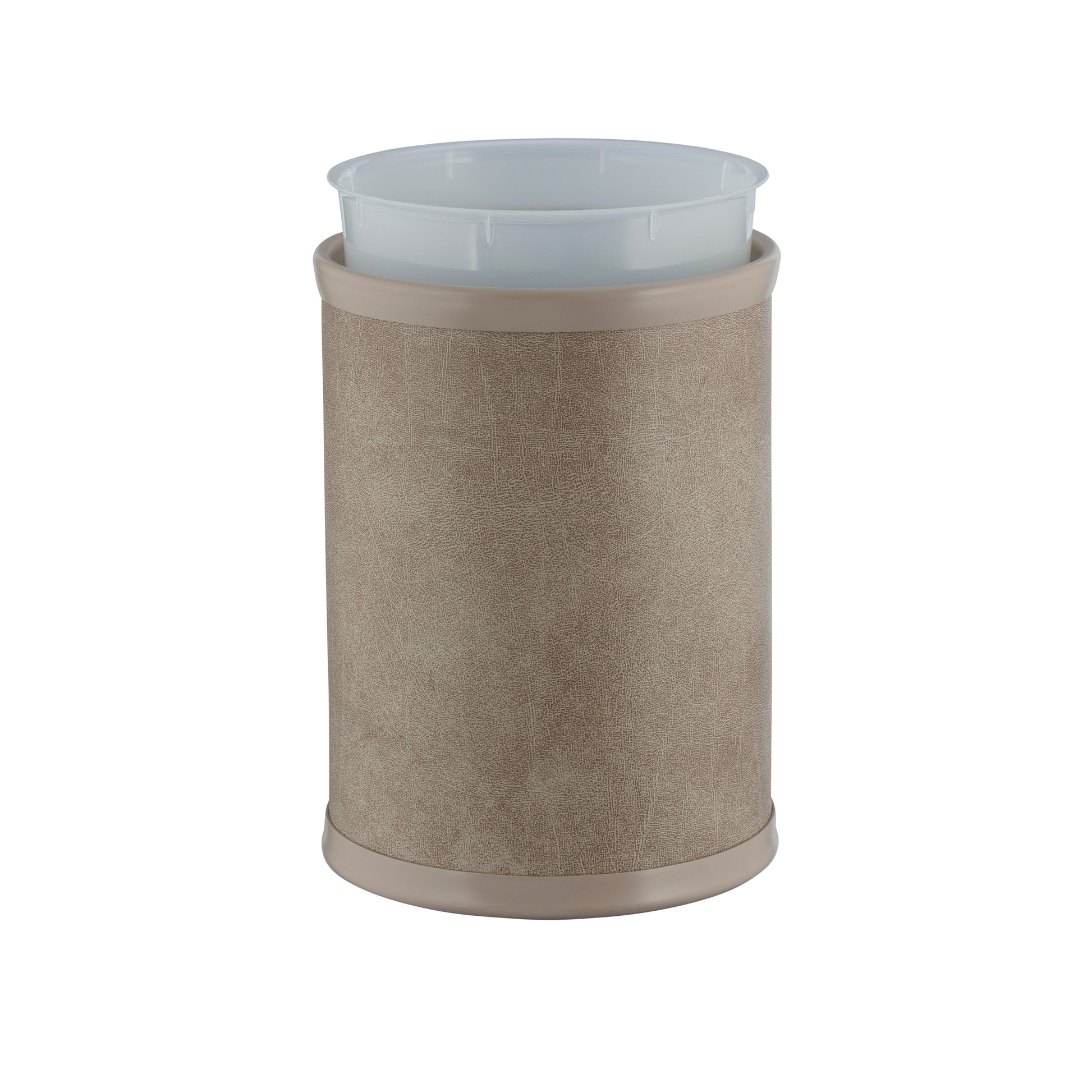 Taupe | Core 8qt Round Leatherette Wastebasket, offering a clean and polished look for any guestroom or lounge area.