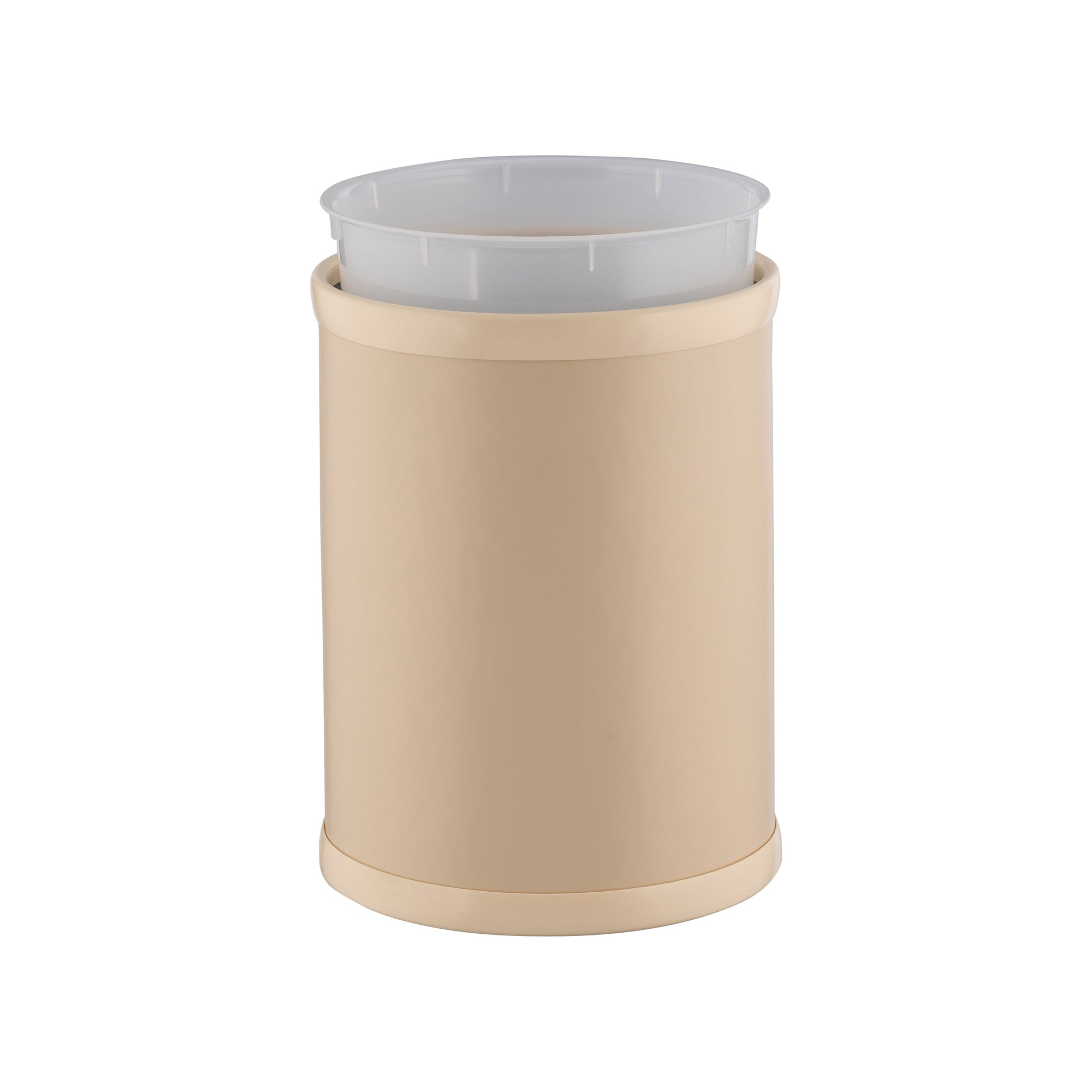 Off White | Core 8qt Round Leatherette Wastebasket, ideal for stylish organization in hotels, resorts, and upscale guestrooms.