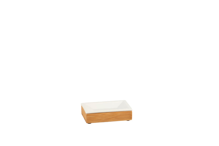 Bamboo | rectangle soap dish featuring a ceramic insert and feet, designed to keep soap elevated and dry while adding a natural touch to your bathroom.