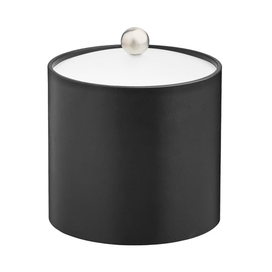 Designer Black | Contemporary 2qt leatherette ice bucket with an acrylic cover and brushed stainless Astro knob, perfect for luxury hotel rooms.