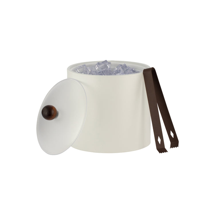 French White | Hospitality-focused Core 2qt Ice Bucket with leatherette material, acrylic lid, and a natural brown wood ball knob.