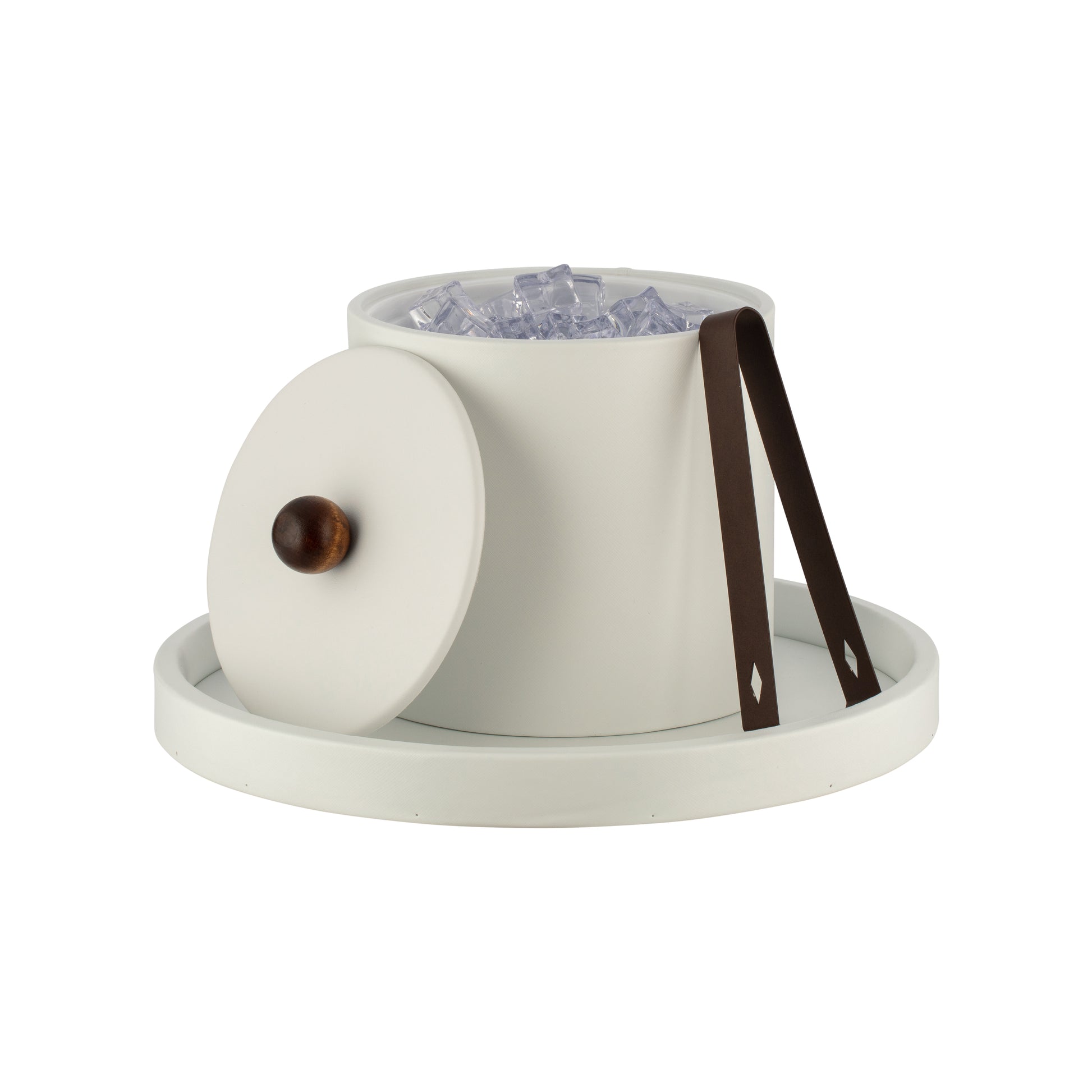 French White | Sleek 2qt leatherette ice bucket with material cover and brown wood ball knob, ideal for hospitality and upscale settings.