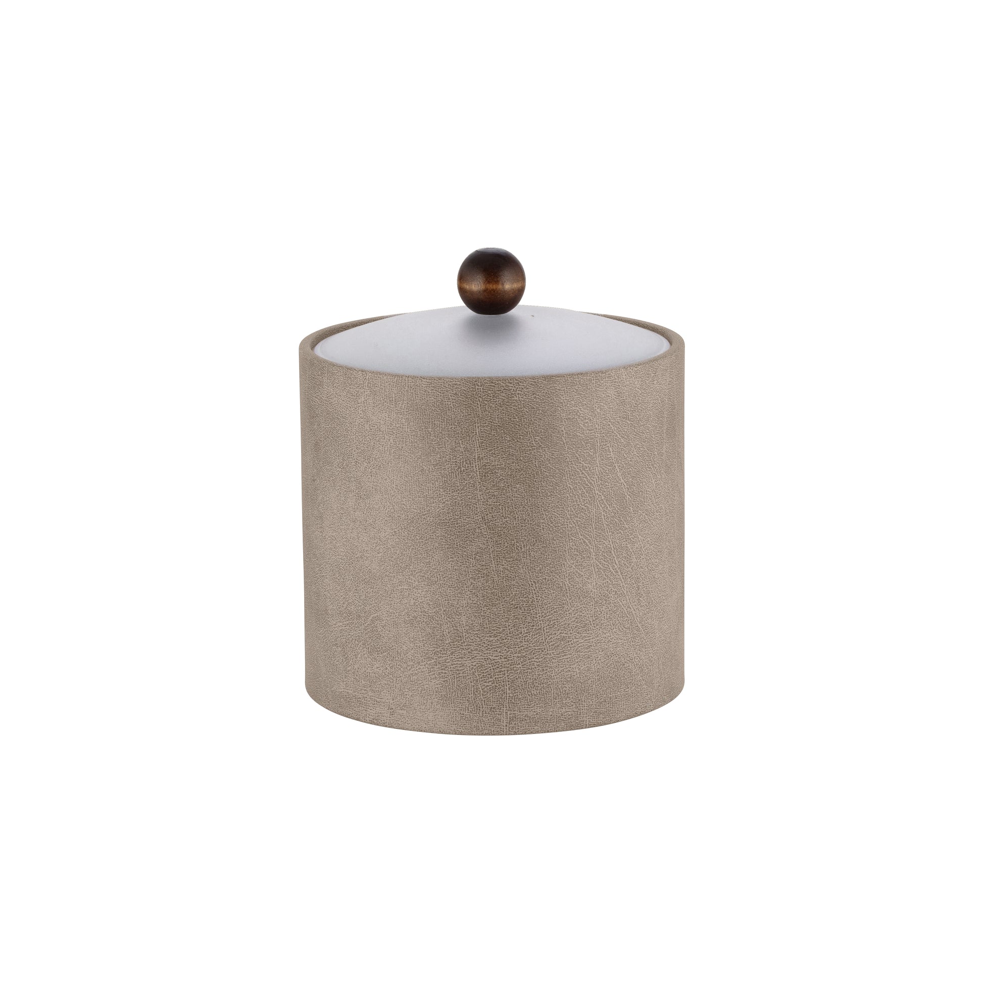 Taupe | Core 2qt Leatherette Ice Bucket with an acrylic cover and brown wood ball knob, perfect for hospitality and guestroom use.