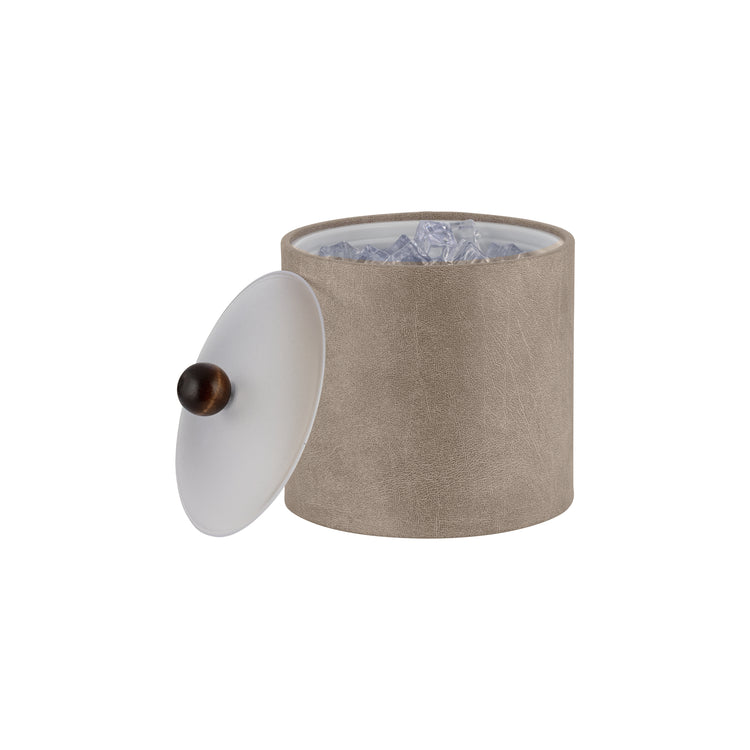 Taupe | Stylish leatherette 2qt ice bucket featuring an acrylic lid and elegant brown wood ball knob.