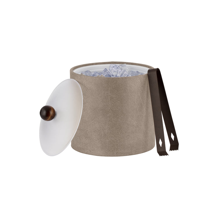 Taupe | Durable and sophisticated Core 2qt Ice Bucket with leatherette exterior, acrylic cover, and brown wood ball accent.