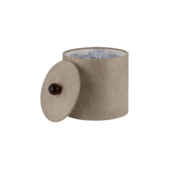 Taupe | Stylish 2qt leatherette ice bucket featuring a material cover and brown wood ball knob, perfect for guestroom use.