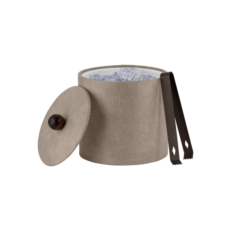 Taupe | Core 2qt Ice Bucket with leatherette exterior, material cover, and brown wood ball knob, offering a refined look for any space.