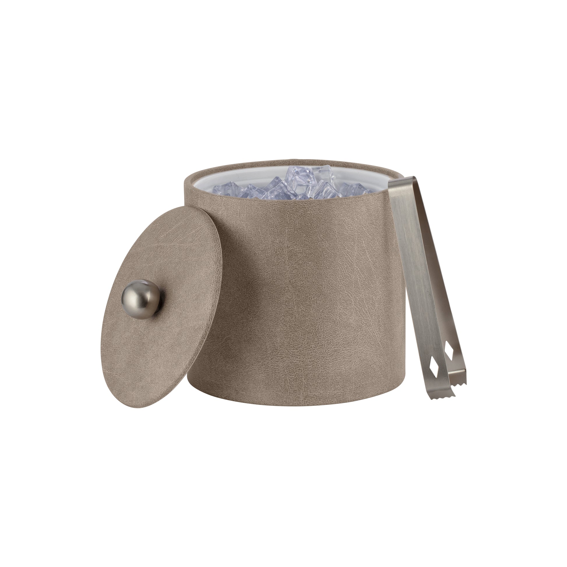 Taupe | Sophisticated ice bucket from the Core Collection, wrapped in premium leatherette with a brushed stainless Astro knob, designed for luxury hotel spaces.