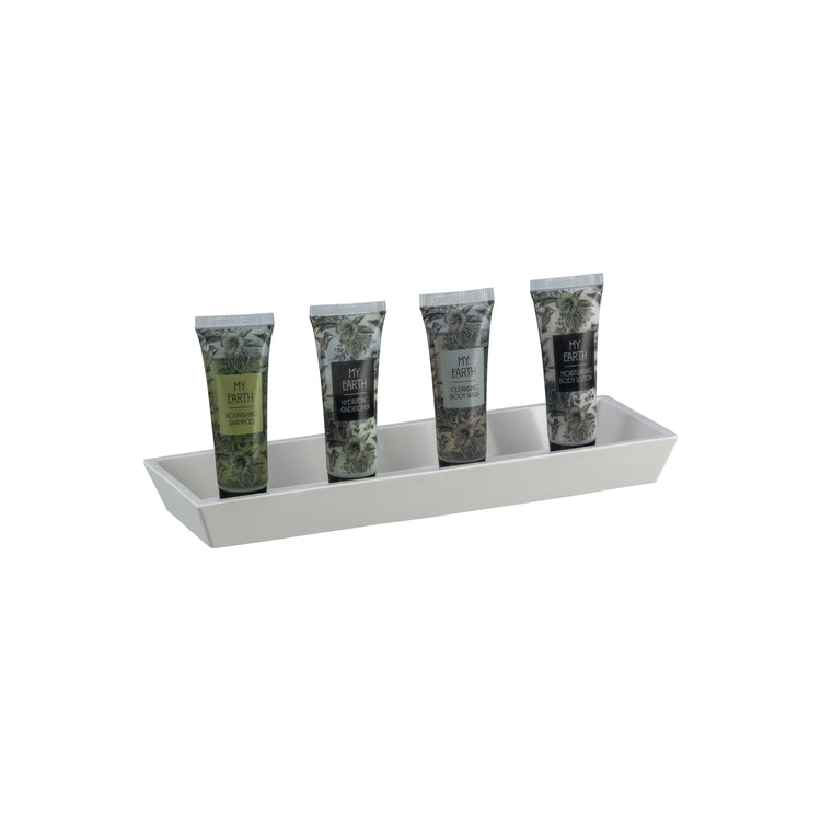 Glossy White | Eco-friendly Form Amenity Tray in a modern design, perfect for displaying toiletries in hotel bathrooms.