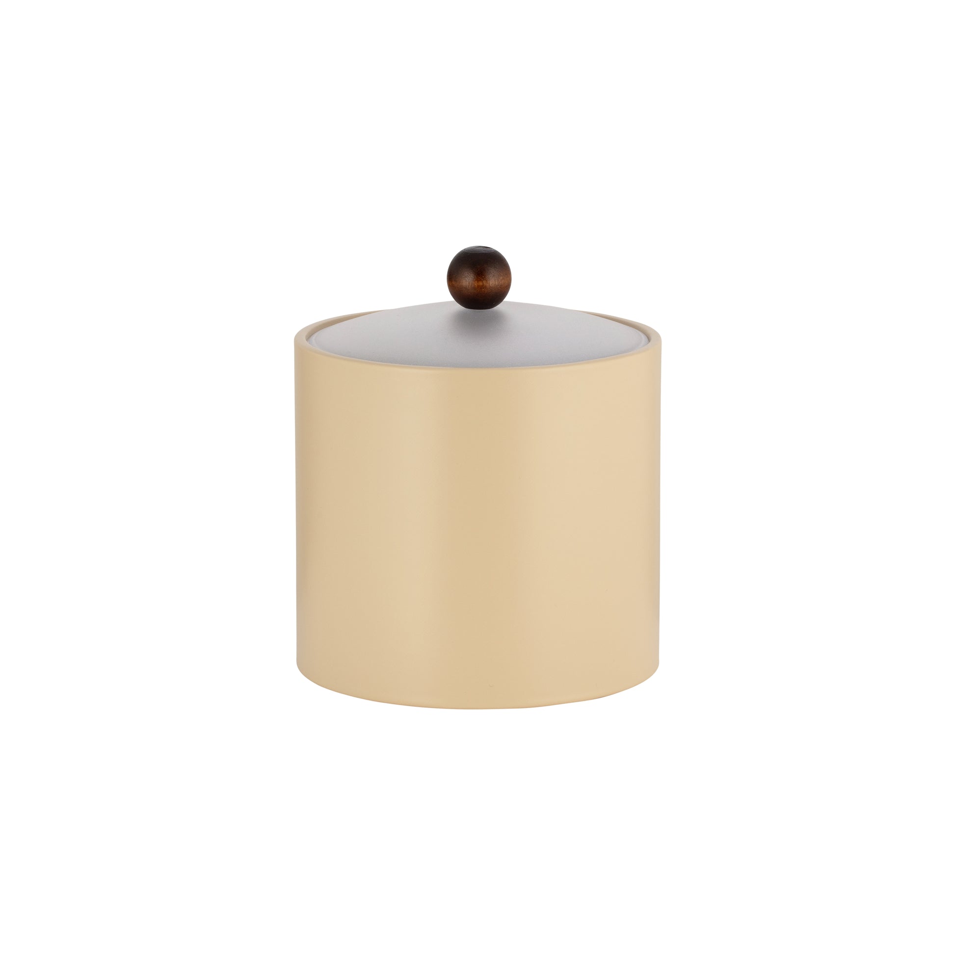 Off White | Core 2qt Leatherette Ice Bucket with an acrylic lid and brown wood ball knob, combining elegance and practicality.