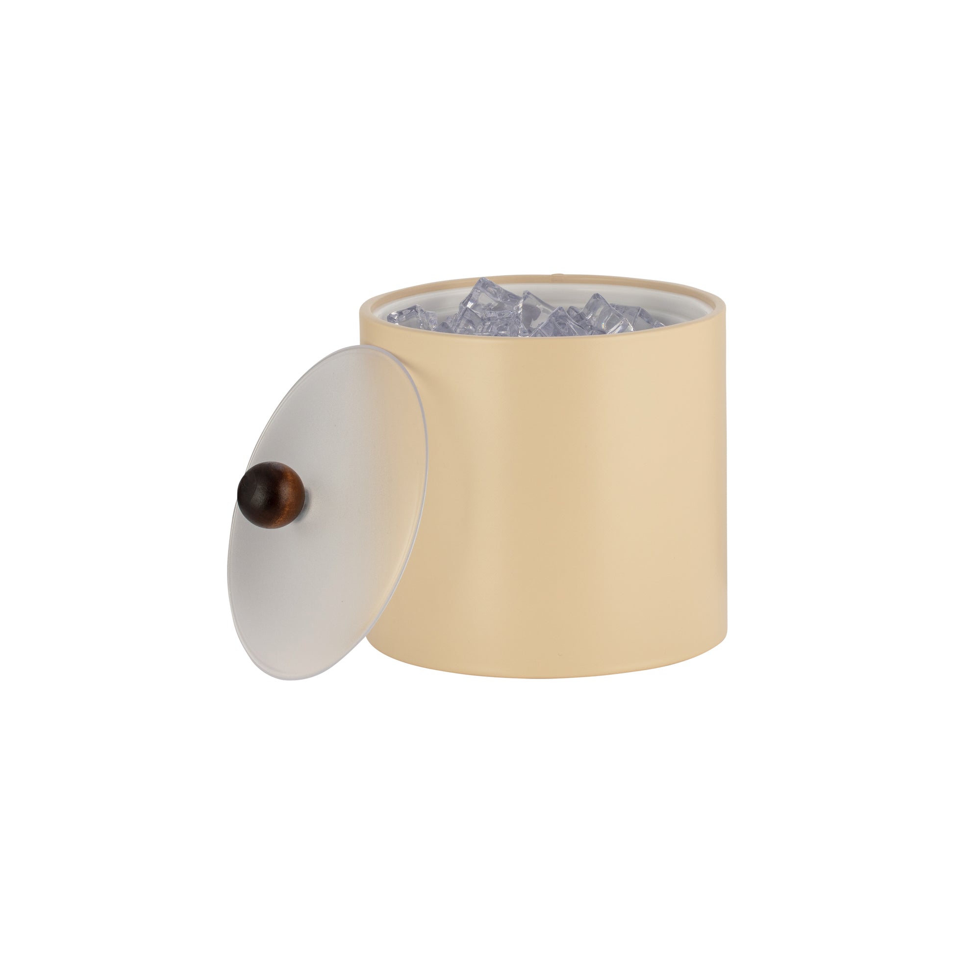 Off White | 2qt leatherette ice bucket with a clear acrylic cover and a stylish brown wood ball knob, ideal for guestroom settings.