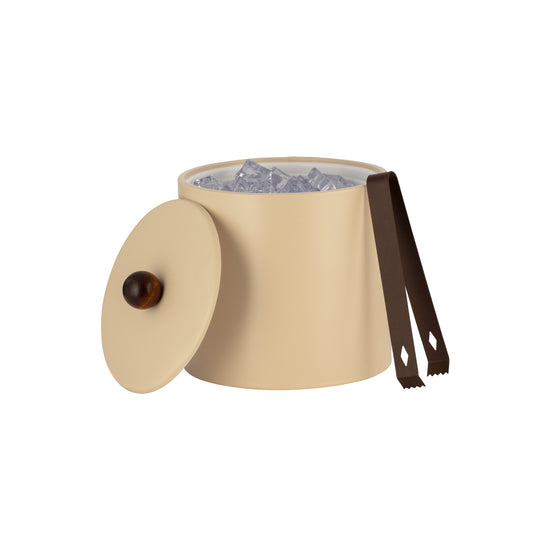 Off White | Core 2qt Ice Bucket with leatherette exterior, material cover, and brown wood ball knob, offering a stylish and functional design.