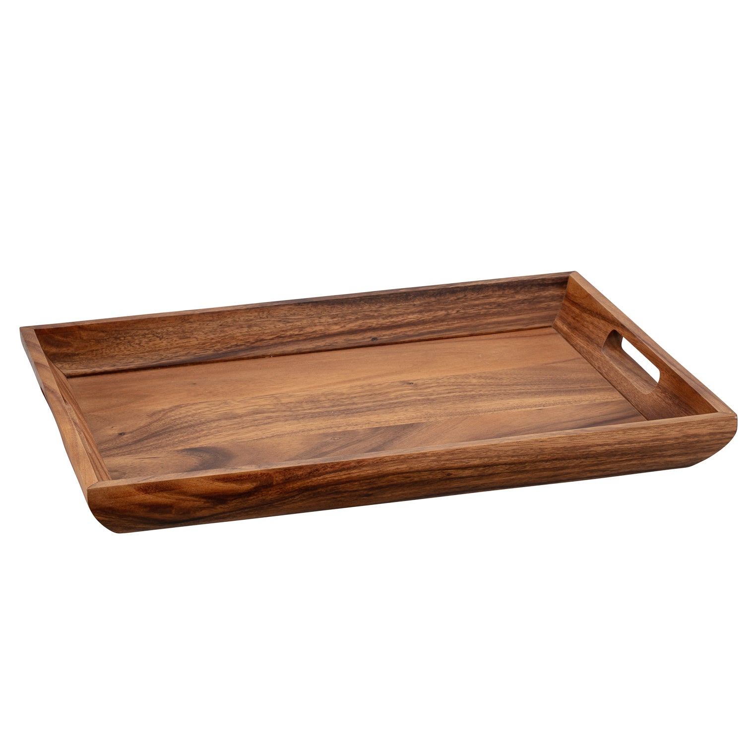 Acacia | gallery tray measuring 19.5" x 14.5", featuring raised edges and sturdy handles, perfect for serving drinks and appetizers.