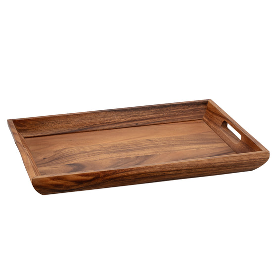 Acacia | gallery tray measuring 19.5" x 14.5", featuring raised edges and sturdy handles, perfect for serving drinks and appetizers.