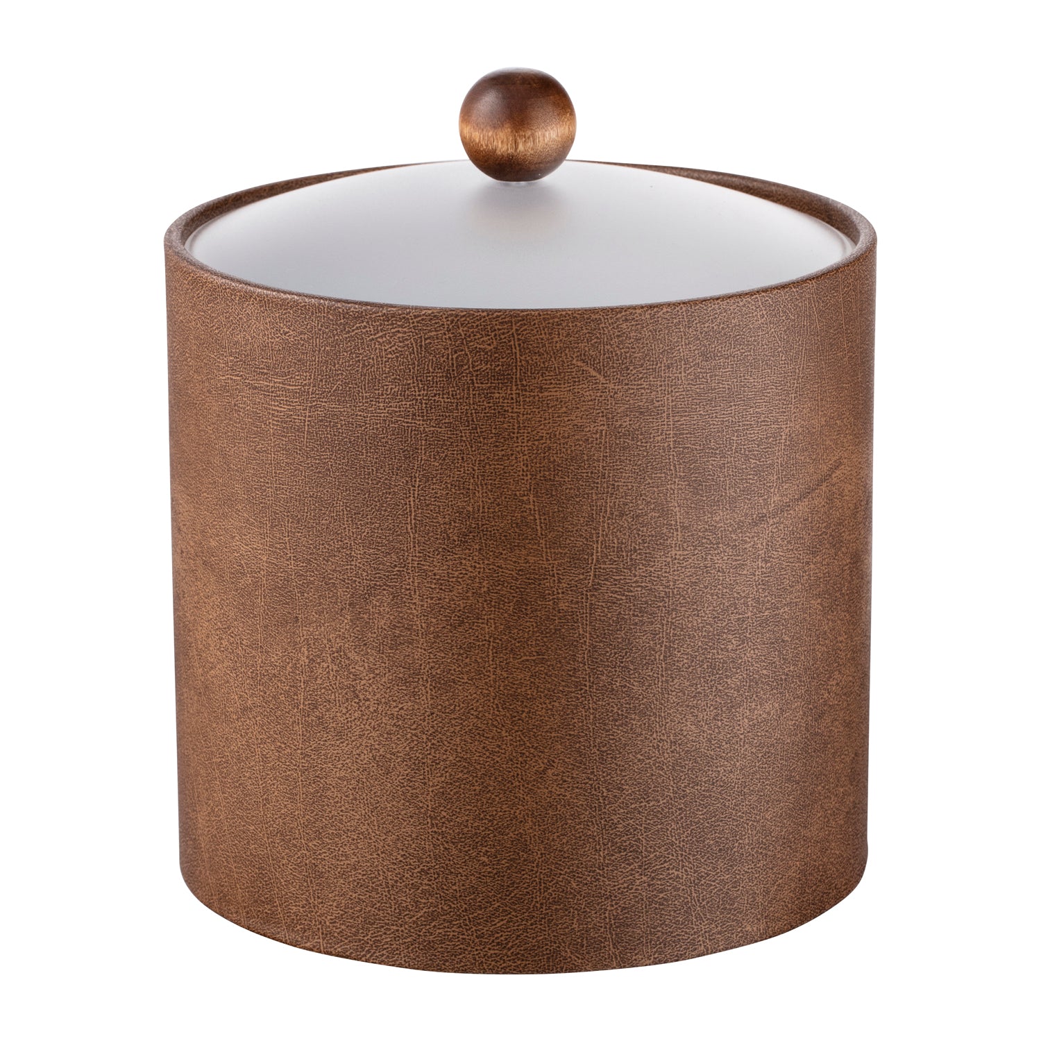 Walnut | Elegant Core 3qt leatherette ice bucket with an acrylic cover and brown wood ball knob, ideal for upscale hospitality settings.