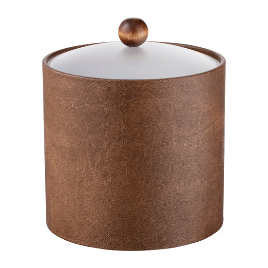 Walnut | Elegant Core 3qt leatherette ice bucket with an acrylic cover and brown wood ball knob, ideal for upscale hospitality settings.