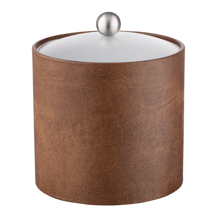 Walnut Elegant Core 3qt leatherette ice bucket with an acrylic cover and brushed stainless Astro knob, perfect for luxury hospitality settings.