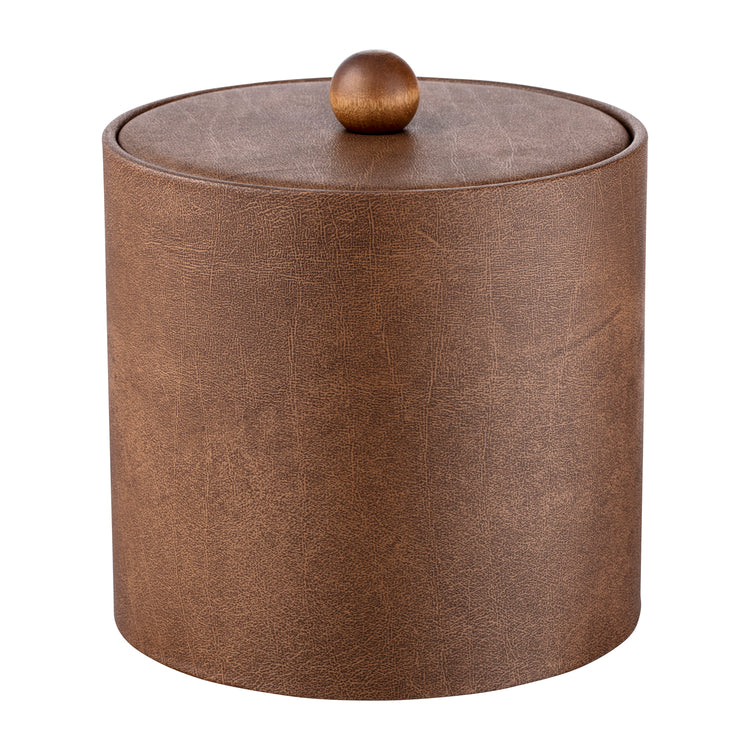 Walnut | Elegant Core 3qt leatherette ice bucket with a material cover and brown wood ball knob, perfect for sophisticated hospitality settings.