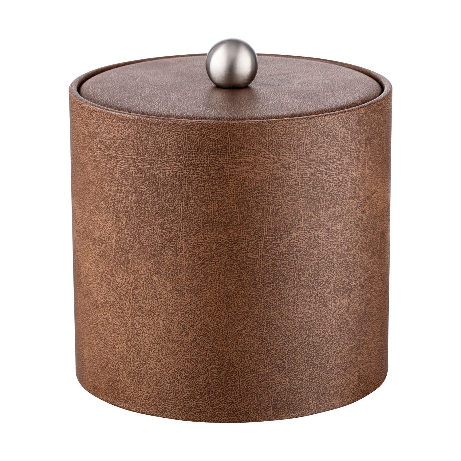 Walnut Elegant Core 3qt leatherette ice bucket with a material cover and brushed stainless Astro knob, perfect for luxury hospitality settings.