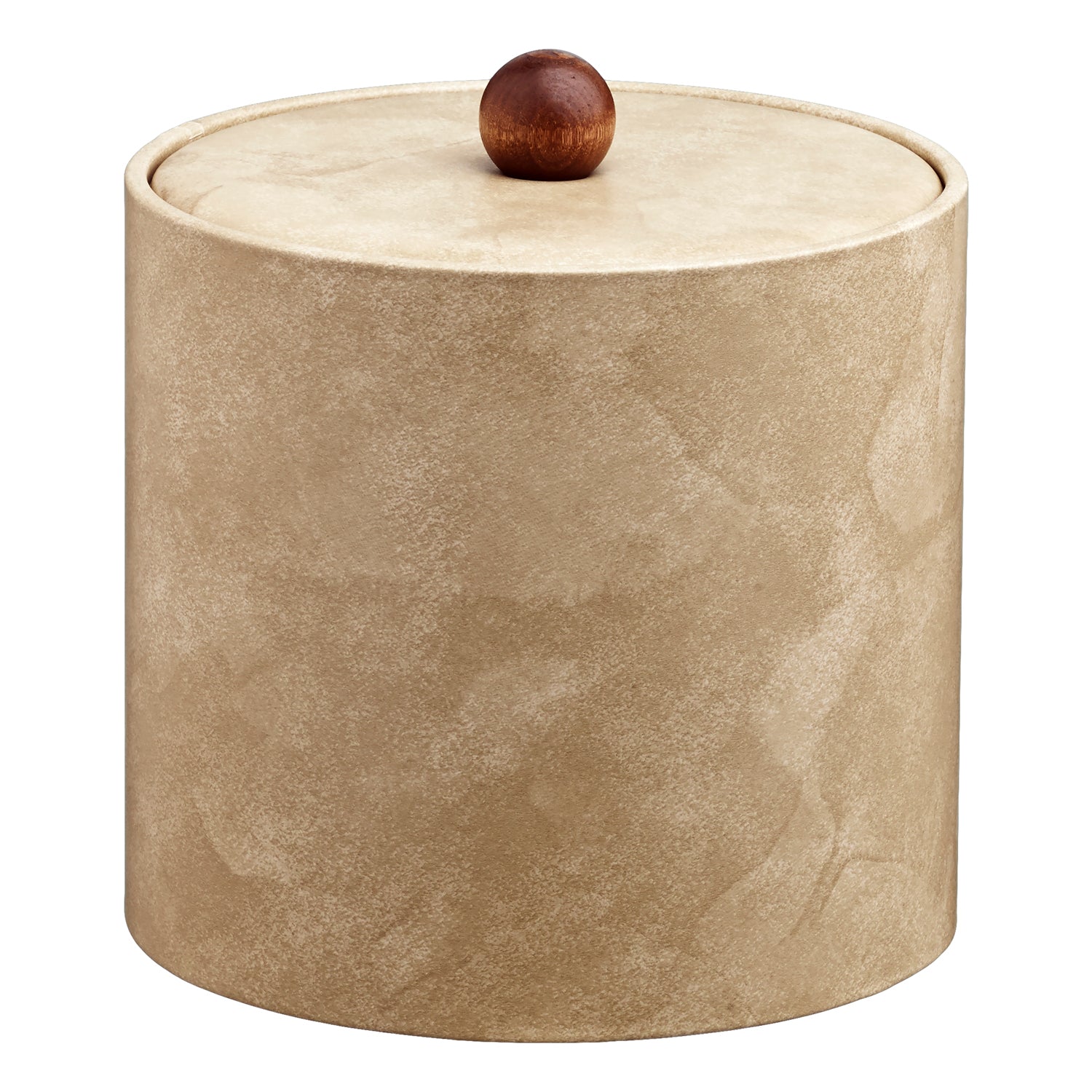 Doeskin | Stylish 3-quart leatherette ice bucket featuring a material cover and warm brown wood ball knob, ideal for luxury guest rooms.