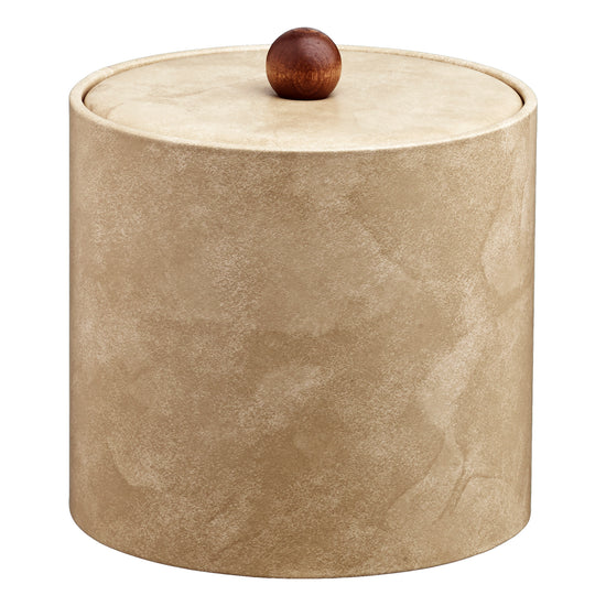 Doeskin | Stylish 3-quart leatherette ice bucket featuring a material cover and warm brown wood ball knob, ideal for luxury guest rooms.