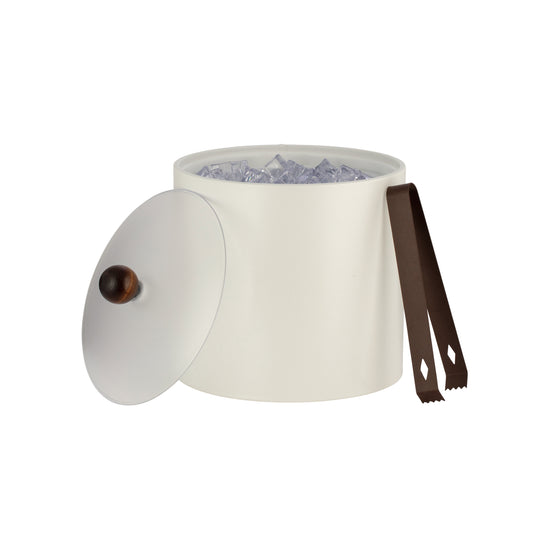 French White | Elegant 3qt leatherette ice bucket featuring a durable acrylic lid and natural brown wood ball knob.