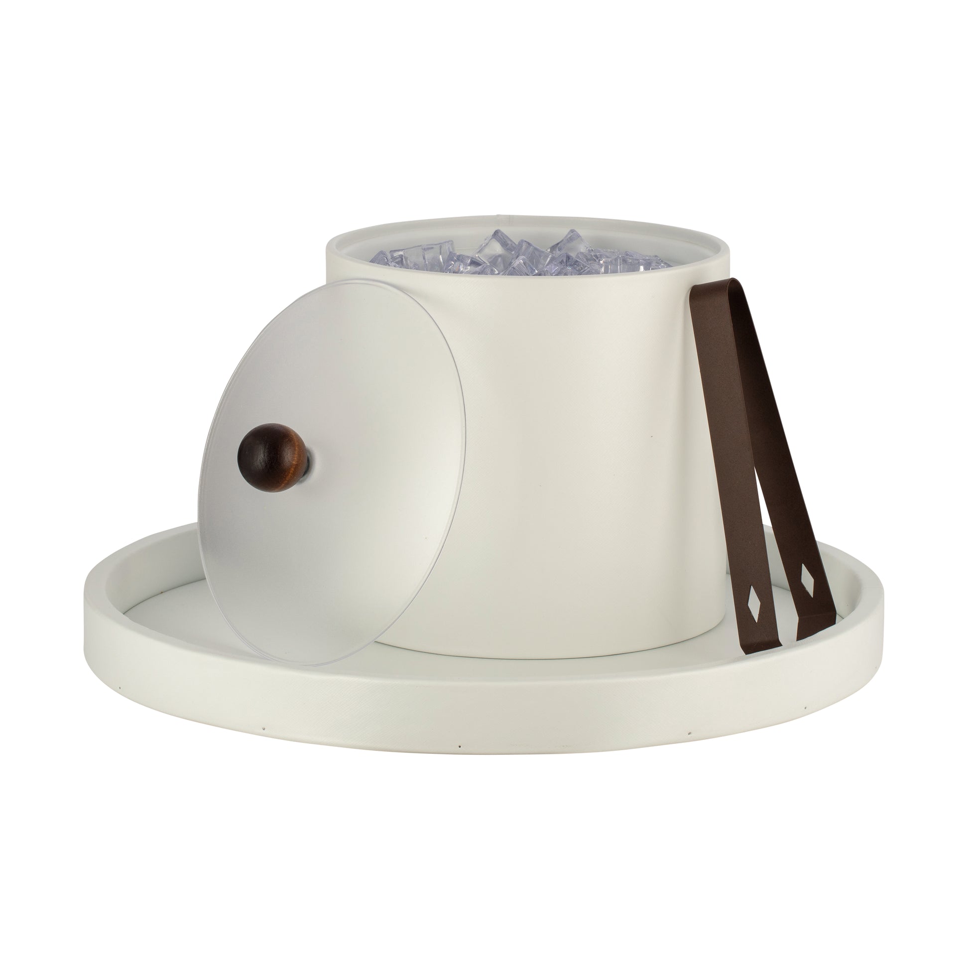 French White | Core 3qt Ice Bucket with leatherette finish, acrylic cover, and brown wood ball knob, designed for hospitality settings.