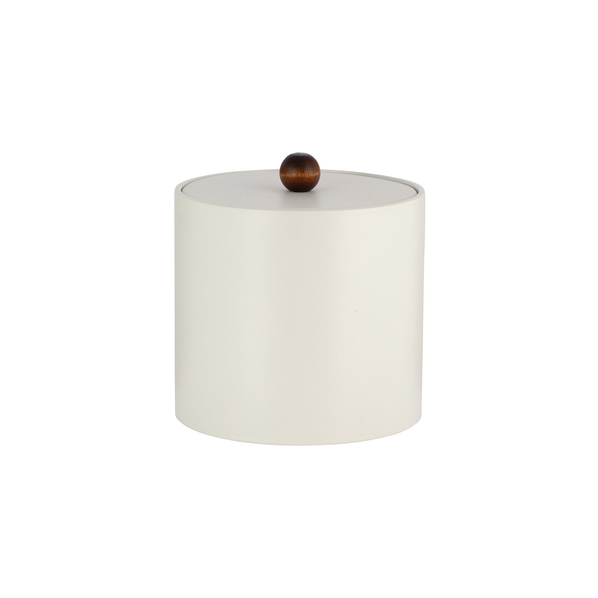 French White | Core 3qt Leatherette Ice Bucket with material cover and brown wood ball knob, perfect for guestroom use.