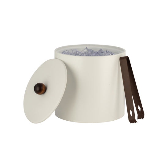 French White | Stylish 3qt leatherette ice bucket featuring a matching material cover and natural brown wood ball knob.