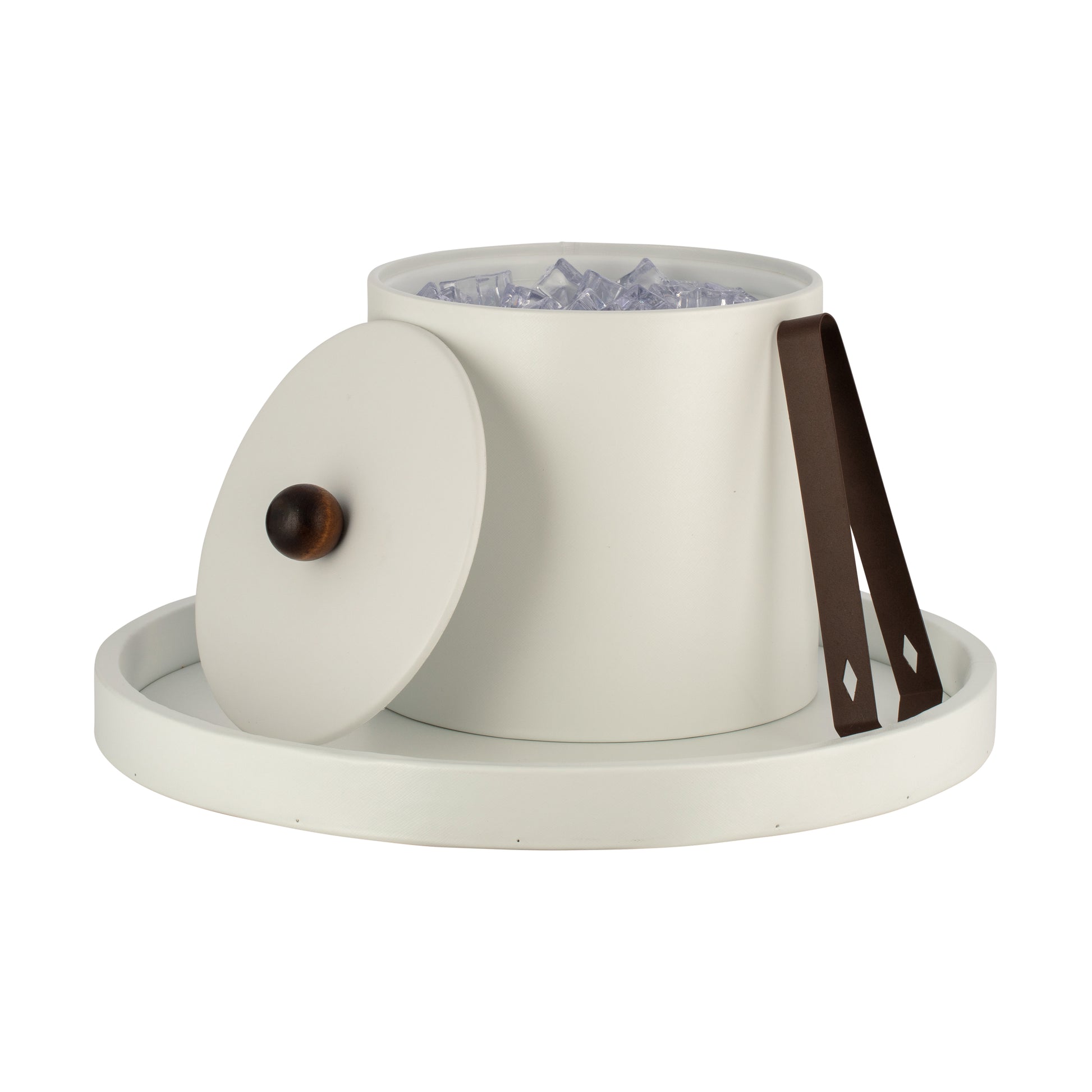 French White | Core 3qt Ice Bucket with leatherette finish, material cover, and brown wood ball knob, designed for hospitality settings.