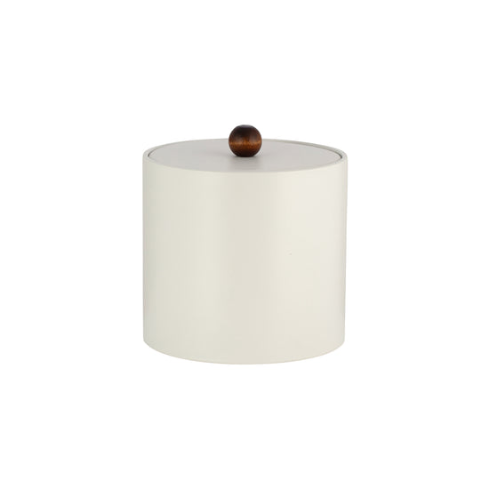 French White | Core 3qt Leatherette Ice Bucket with material cover and brown wood ball knob, perfect for guestroom use.