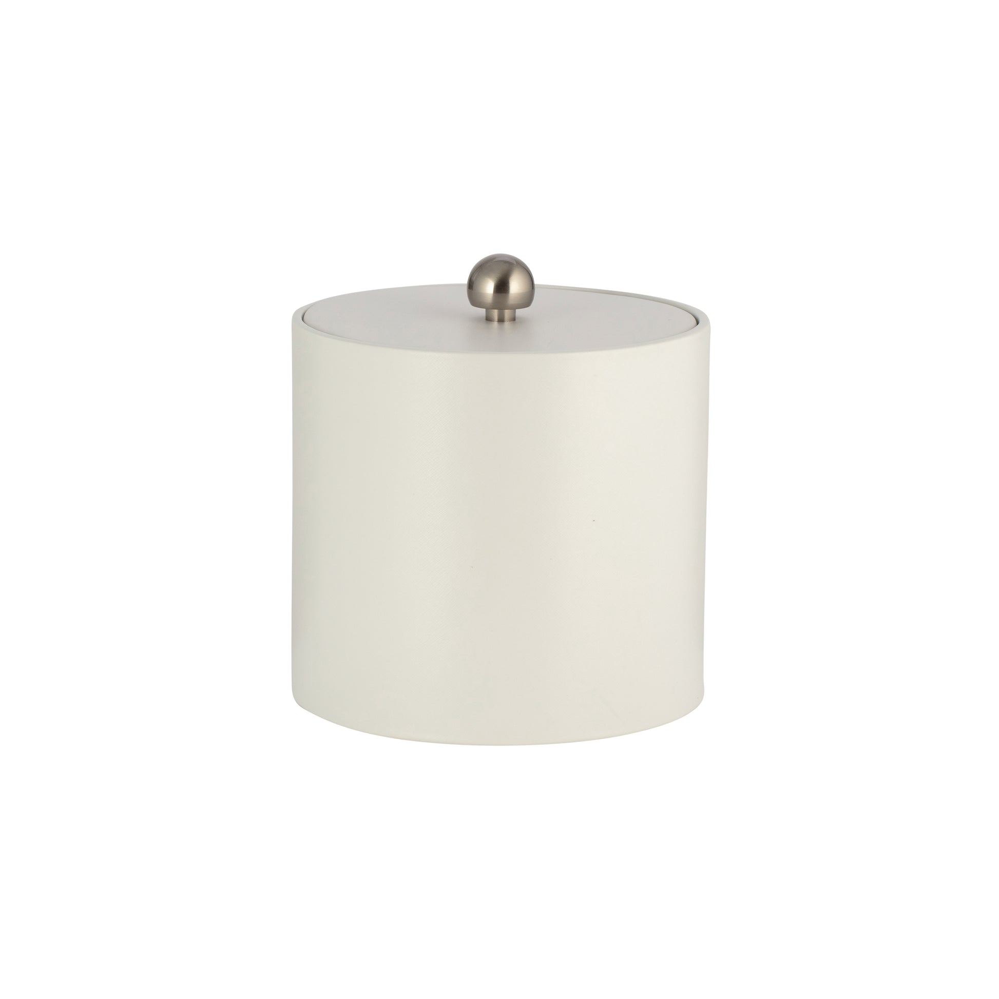 French White | Core 3qt Leatherette Ice Bucket with a matching material cover and brushed stainless Astro knob, ideal for upscale hotel guest rooms.