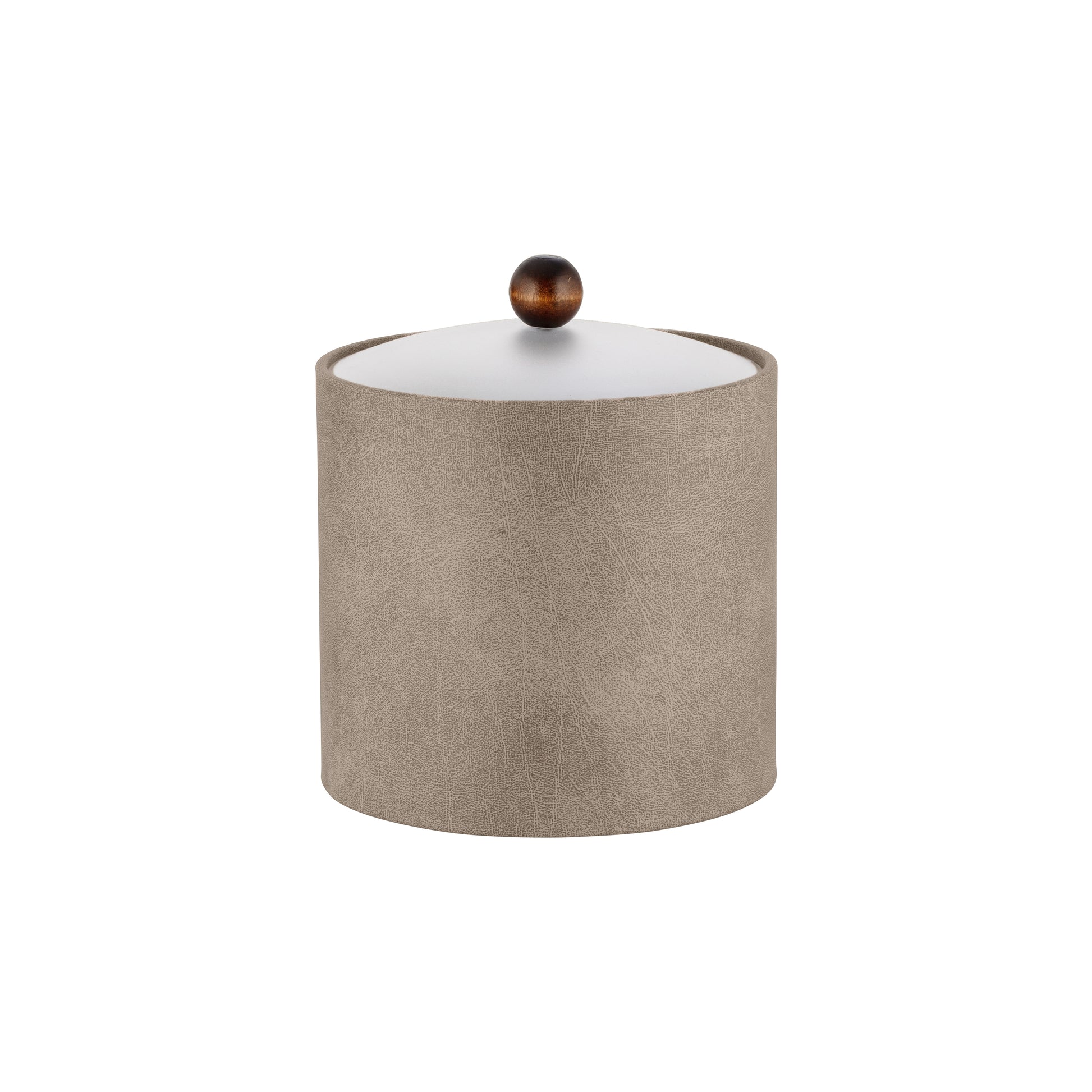 Taupe | Sophisticated 3qt leatherette ice bucket with an acrylic cover and brown wood ball knob, ideal for upscale interiors.