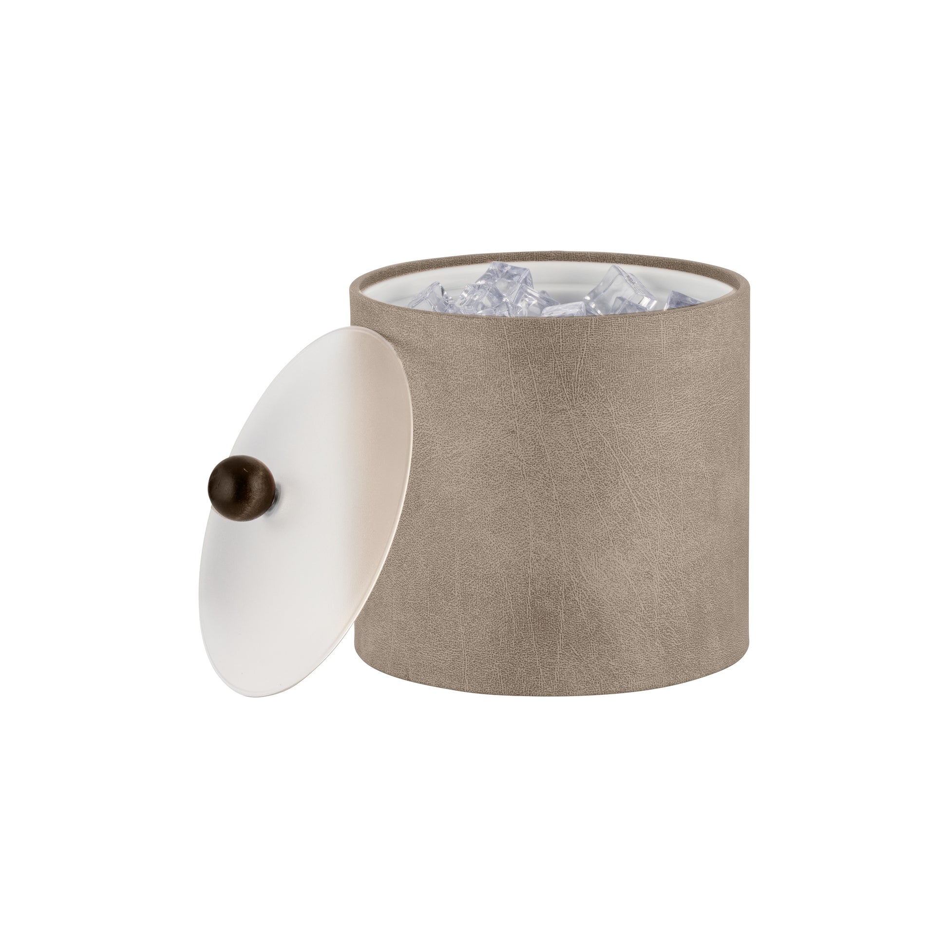 Taupe | Core 3qt Leatherette Ice Bucket, combining a modern leatherette exterior with a brown wood ball knob and clear acrylic lid.