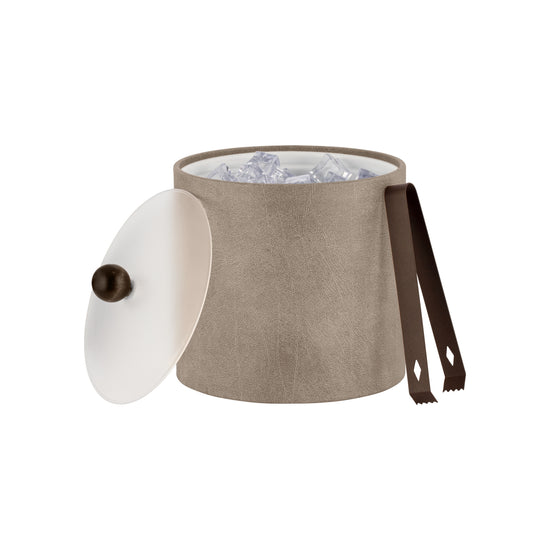 Taupe | Stylish and functional 3qt leatherette ice bucket with acrylic cover and brown wood ball knob, crafted for guestroom elegance.